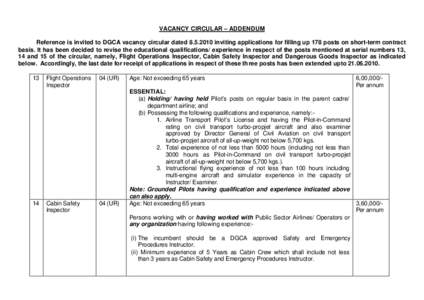 VACANCY CIRCULAR – ADDENDUM Reference is invited to DGCA vacancy circular dated[removed]inviting applications for filling up 178 posts on short-term contract basis. It has been decided to revise the educational qualif