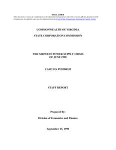 DISCLAIMER This electronic version of a staff report is for informational purposes only and is not an official document of the Commission. An official copy may be obtained from the Clerk of the Commission, Document Contr