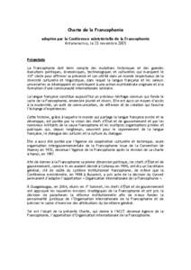 Charte de la Francophonie adoptée par la Conférence ministérielle de la Francophonie, Antananarivo, le 23 novembre 2005