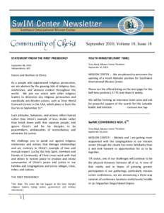 September 2010, Volume 18, Issue 18 STATEMENT FROM THE FIRST PRESIDENCY YOUTH MINISTER (PART TIME)  September 08, 2010