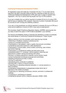 Continuing Professional Development Portfolio All registered nurses and midwives in Australia from the 1st of July 2010 will be required to be able to provide evidence that they undertook at least 20 hours of Continuing 