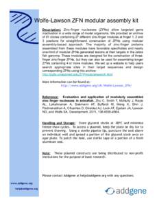 Wolfe-Lawson ZFN modular assembly kit Description: Zinc-finger nucleases (ZFNs) allow targeted gene inactivation in a wide range of model organisms. We provided an archive of 81 clones containing 27 different zinc-finger