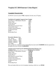 Virginia IC3 2010 Internet Crime Report Complaint Characteristics In 2010 IC3 received a total of 7502 complaints from the state of Virginia. Top Referred Complaint Categories from Virginia Non Delivery of Merchandise /P