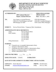 DEPARTMENT OF HUMAN SERVICES SENIORS & PEOPLE WITH DISABILITIES 500 Summer Street NE E02 Salem, Oregon[removed]Phone: ([removed]