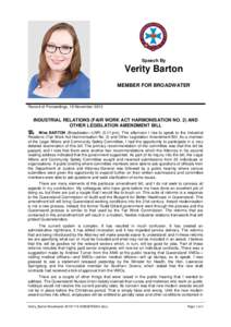 Speech By  Verity Barton MEMBER FOR BROADWATER  Record of Proceedings, 19 November 2013