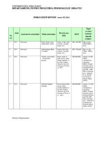 UNIVERSITATEA SPIRU HARET  DEPARTAMENUL PENTRU PREGĂTIREA PERSONALULUI DIDACTIC PUBLICAŢII ÎN REVISTE cotate ISI 2014