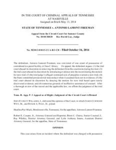 IN THE COURT OF CRIMINAL APPEALS OF TENNESSEE AT NASHVILLE Assigned on Briefs May 13, 2014 STATE OF TENNESSEE v. ANTONIO LAMONT FREEMAN Appeal from the Circuit Court for Sumner County No. 2010CR820