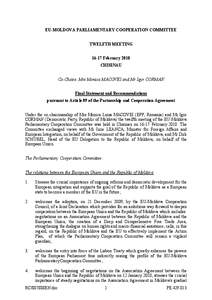 EU-MOLDOVA PARLIAMENTARY COOPERATION COMMITTEE TWELFTH MEETING[removed]February 2010 CHISINAU Co-Chairs: Mrs Monica MACOVEI and Mr Igor CORMAN Final Statement and Recommendations