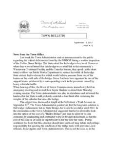 TOWN BULLETIN September 13, 2012 Issue # 72 News from the Town Office Last week the Town Administrator sent an announcement to the public