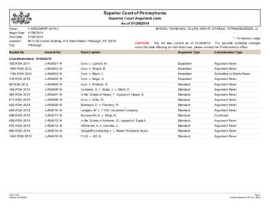 Superior Court of Pennsylvania Superior Court Argument Lists As of[removed]Panel: Begin Date: End Date: