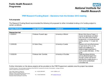 PHR research funding board decisions October 2012