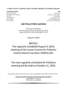 LASSEN COUNTY AIR POLLUTION CONTROL DISTRICT GOVERNING BOARD GOVERNING BOARD Staff  Bob Pyle, Chairman