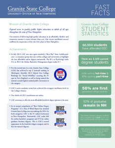 Fast Facts Mission of Granite State College Expand access to quality public higher education to adults of all ages throughout the state of New Hampshire. Our mission of delivering high-quality education in an affordable,