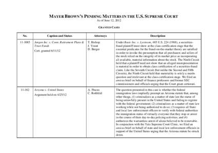 MAYER BROWN’S PENDING MATTERS IN THE U.S. SUPREME COURT As of June 12, 2012 GRANTED CASES No.  Caption and Status