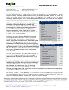 November Quarterly Report  Both the Fund (0.65%) and the broader market (All Ordinaries Accumulation 0.3%) scraped together a positive performance during November, with the market recovering strongly from steep falls ear