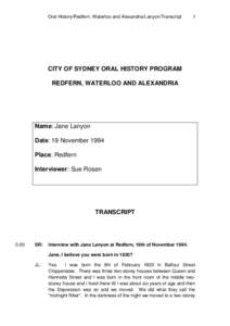 Oral History/Redfern, Waterloo and Alexandria/Lanyon/Transcript  1 CITY OF SYDNEY ORAL HISTORY PROGRAM REDFERN, WATERLOO AND ALEXANDRIA