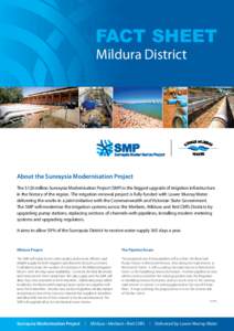 FACT SHEET Mildura District About the Sunraysia Modernisation Project The $120 million Sunraysia Modernisation Project (SMP) is the biggest upgrade of irrigation infrastructure in the history of the region. The irrigatio