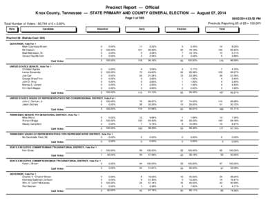 Precinct Report — Official Knox County, Tennessee — STATE PRIMARY AND COUNTY GENERAL ELECTION — August 07, 2014 Page 1 of[removed]03:52 PM