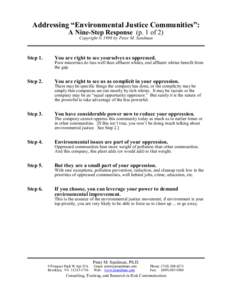 Addressing “Environmental Justice Communities”: A Nine-Step Response (p. 1 of 2) Copyright © 1998 by Peter M. Sandman Step 1.