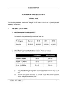 CAPE MAY AIRPORT  SCHEDULE OF FEES AND CHARGES January, 2010 The following schedule of fees and charges for the use or uses of the Cape May Airport is hereby established: