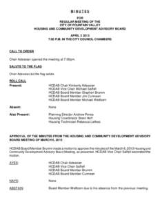 MINUTES FOR REGULAR MEETING OF THE CITY OF FOUNTAIN VALLEY HOUSING AND COMMUNITY DEVELOPMENT ADVISORY BOARD APRIL[removed]