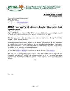 News release - MFDA Hearing Panel adjourns Bradley Crompton first appearance