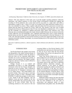 PREHISTORIC SETTLEMENT AND SUBSISTENCE ON SAN NICOLAS ISLAND PATRICIA C. MARTZ Anthropology Department, California State University, Los Angeles, CA 90032; [removed] Abstract—The main objectives of this stu