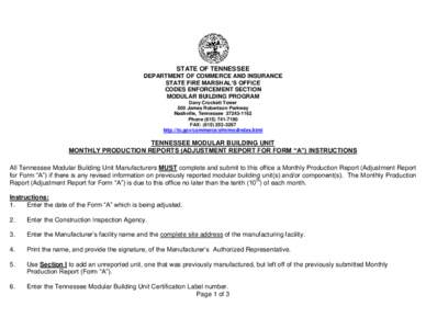 STATE OF TENNESSEE DEPARTMENT OF COMMERCE AND INSURANCE STATE FIRE MARSHAL’S OFFICE CODES ENFORCEMENT SECTION MODULAR BUILDING PROGRAM Davy Crockett Tower