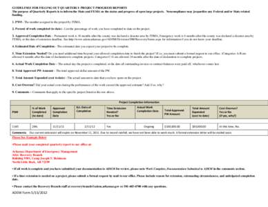 GUIDELINES FOR FILLING OUT QUARTERLY PROJECT PROGRESS REPORTS The purpose of Quarterly Reports is to inform the State and FEMA on the status and progress of open large projects. Noncompliance may jeopardize any Federal a