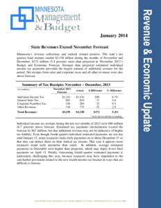 January 2014 State Revenues Exceed November Forecast Minnesota’s revenue collections and outlook remain positive. The state’s net general fund receipts totaled $3.330 billion during the months of November and Decembe