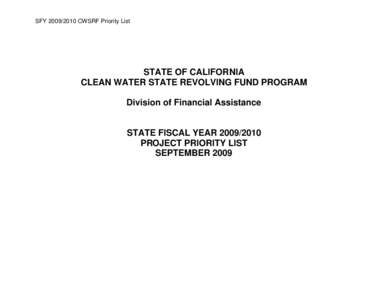 SFY[removed]CWSRF Priority List  STATE OF CALIFORNIA CLEAN WATER STATE REVOLVING FUND PROGRAM Division of Financial Assistance