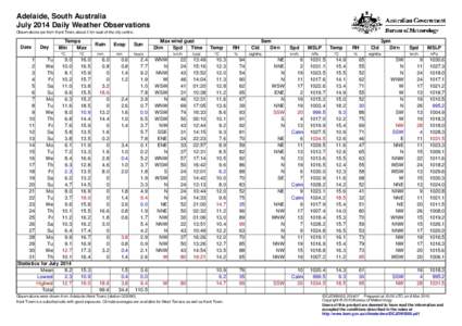 Adelaide, South Australia July 2014 Daily Weather Observations Observations are from Kent Town, about 2 km east of the city centre. Date