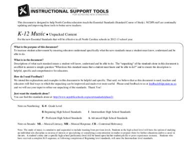 This document is designed to help North Carolina educators teach the Essential Standards (Standard Course of Study). NCDPI staff are continually updating and improving these tools to better serve teachers. K-12 Music ●