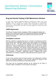 Confidential Safety Information Reporting Scheme - Drug and Alcohol Testing of Rail Maintenance Workers