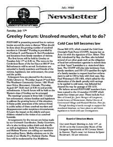 July[removed]Newsletter Tuesday, July 17th  Greeley Forum: Unsolved murders, what to do?