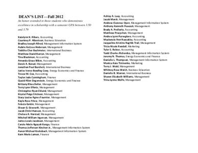 DEAN’S LIST—Fall 2012 An honor extended to those students who demonstrate excellence in scholarship with a semester GPA between 3.50 and 3.79 Katelynn K. Albers, Accounting Courtney P. Albertson, Business Education