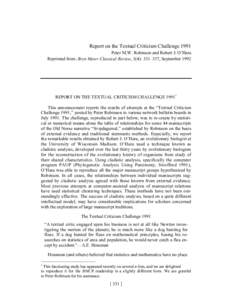 Report on the Textual Criticism Challenge 1991 Peter M.W. Robinson and Robert J. O’Hara Reprinted from: Bryn Mawr Classical Review, 3(4): 331–337, September 1992 REPORT ON THE TEXTUAL CRITICISM CHALLENGEThis a