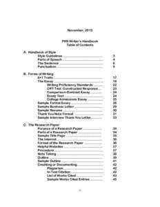   November, 2010 PHS Writer’s Handbook Table of Contents A. Handbook of Style