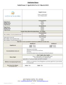 Published Rates Valid From 1st April 2014 To 31st March 2015 Regular Season From 1st April 2014 To 31st March 2015