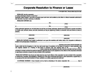 Remove this form prior to completing Business Credit ApplicationCorporate Resolution to Finance or Lease LIREVPrevious editions may not be used.