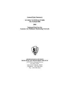 Annual Data Summary ACADIA NATIONAL PARK Mc Farland Hill 2001 National Park Service Gaseous Air Pollutant Monitoring Network