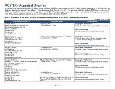 ROSTER - Appraisal Umpires A claimant may demand an appraisal in claims where the Texas Windstorm Insurance Association (TWIA) accepts coverage in full or in part and the claimant disputes the amount TWIA will pay. Texas Insurance Code Section[removed]The appraisal is binding for both TWIA and the claimant. If