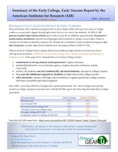 Summary of the Early College, Early Success Report by the American Institutes for Research (AIR) RDB – [removed]Compression Ratio: 4% (from 130 pages to 5 pages)