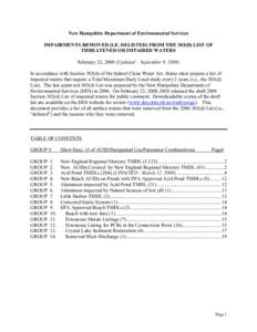 New Hampshire Department of Environmental Services  IMPAIRMENTS REMOVED (I.E. DELISTED) FROM THE 303(D) LIST OF  THREATENED OR IMPAIRED WATERS  February 22, 2008 (Updated – September 9, 2008) 