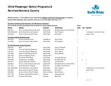 Child Passenger Safety Programs & Services Sonoma County Effective January 1, 2012 California Law requires that children must ride in the back seat in a properly secured child passenger safety restraint until they are at