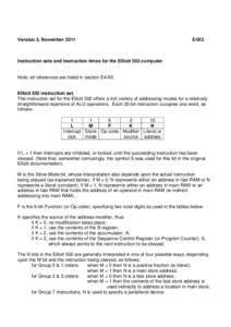 Version 3, November[removed]E4X3 Instruction sets and instruction times for the Elliott 502 computer. Note: all references are listed in section E4/X5.