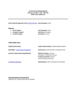 Faculty Senate Meeting Agenda February 18, :00 - 5:00 P.M. Reitz Union Auditorium Call to Order & Approval of the Jan 2015 Minutes Paul Davenport, Chair