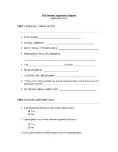    2015 Summer Apprentice Program   Application Form      