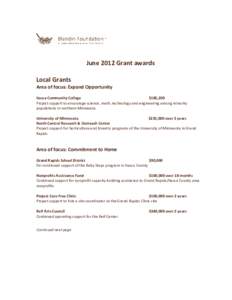 June 2012 Grant awards Local Grants Area of focus: Expand Opportunity Itasca Community College $185,200 Project support to encourage science, math, technology and engineering among minority