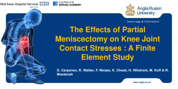 The Effects of Partial Meniscectomy on Knee Joint Contact Stresses : A Finite Element Study D. Carpanen, R. Walker, F. Reisse, K. Cheah, H. Hillstrom, M. Koff & R. Mootanah